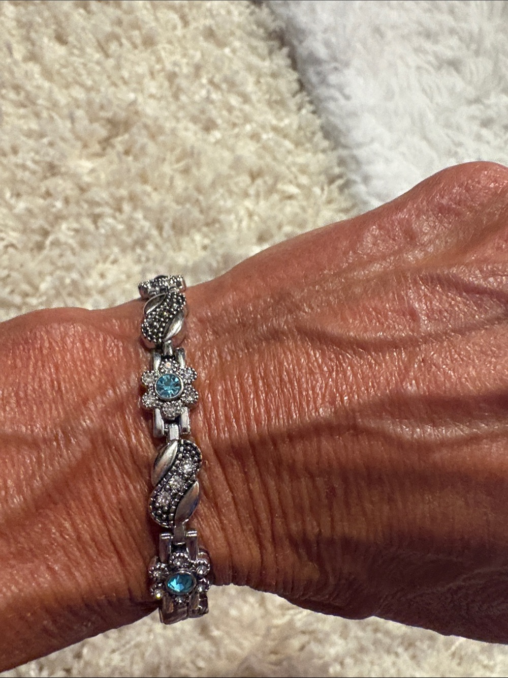 Sterling look-Tone Blue Crystal Flower Link Bracelet